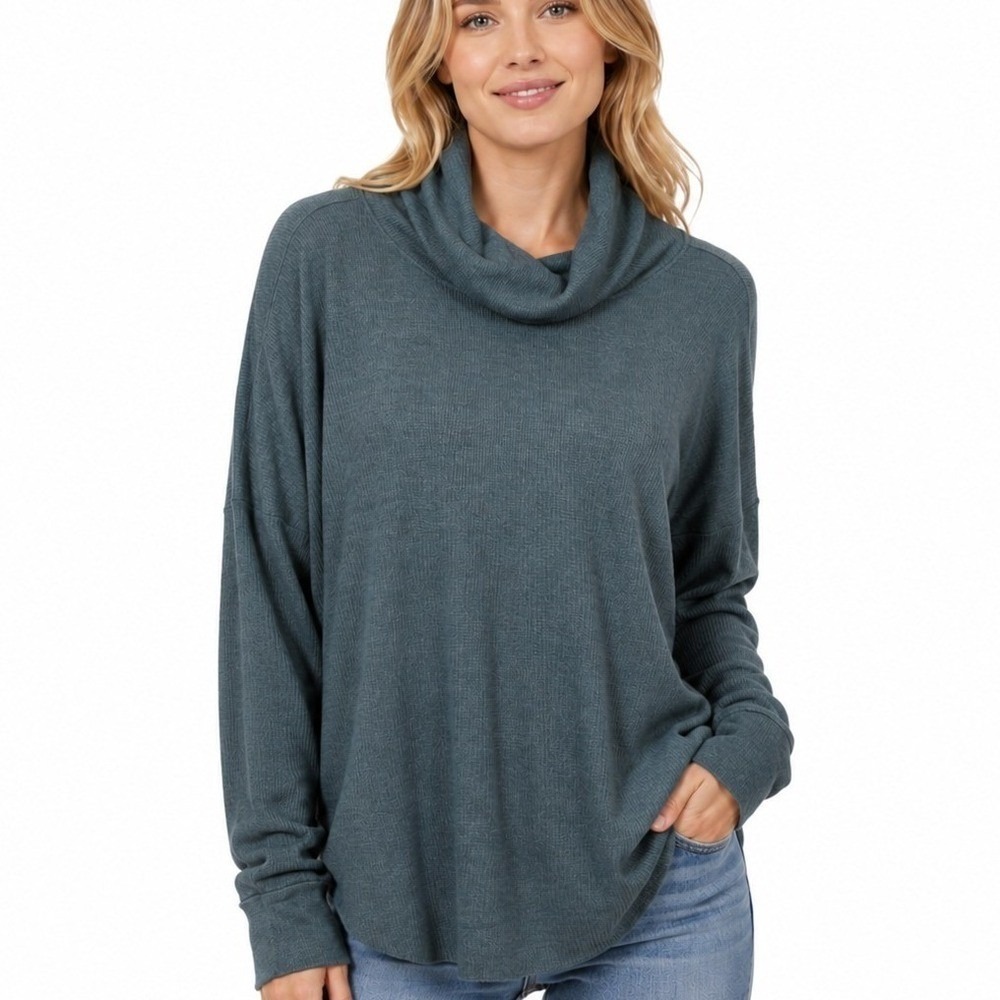 Michael Stars Womens Cowl Neck Thermal Waffle Knit Top Teal Blue‎ Size L 1478